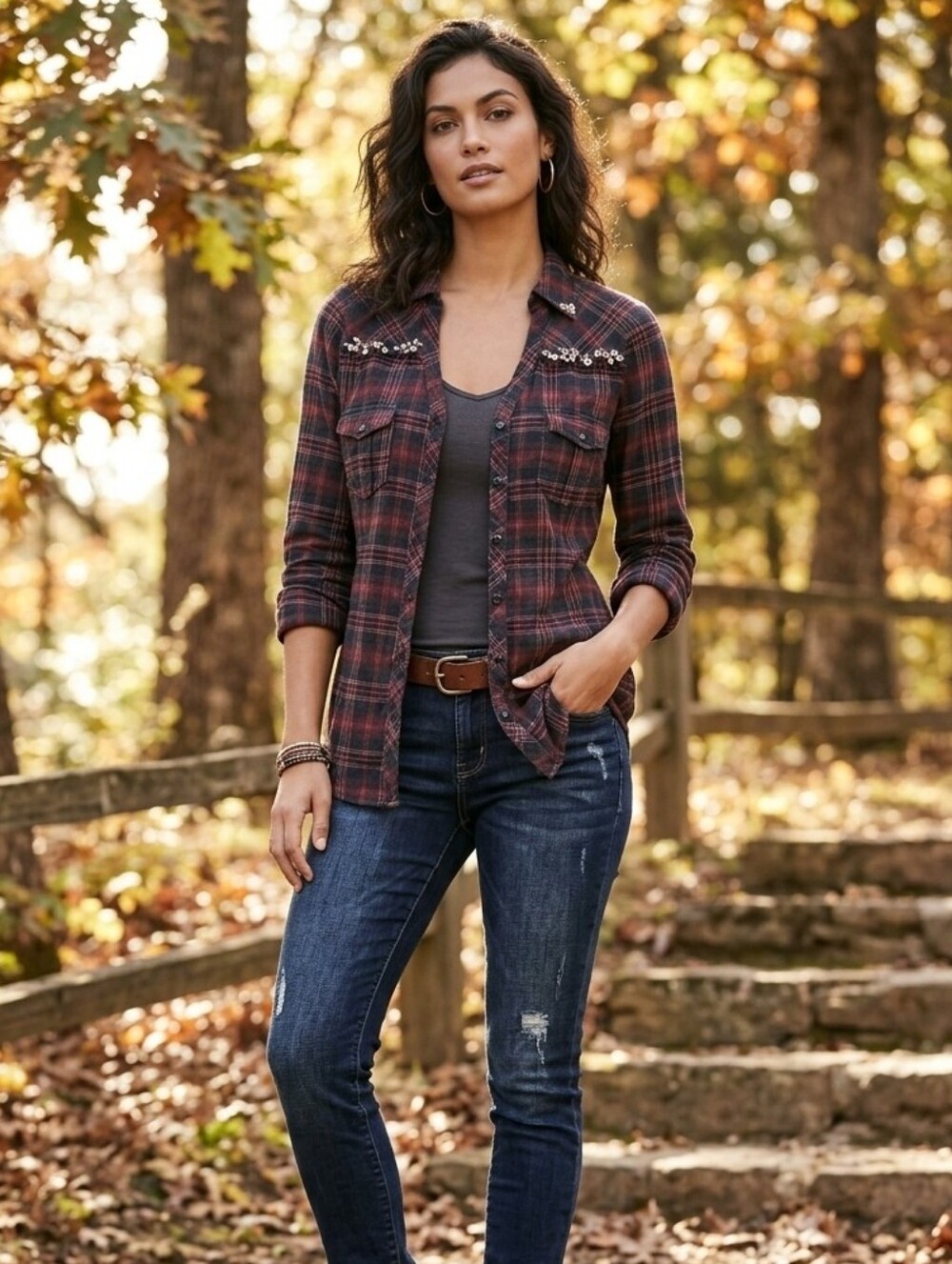 BKE Red Black Tan Plaid 100% Cotton Flannel Snap Front Studded Blouse, S